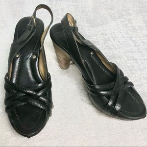 Frye Reese Multi Sling Leather Wood Stack Heels